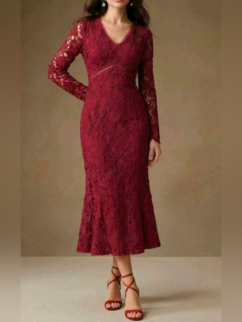 New Luxe Embroidered Lace V Neck Fitted Midi Mermaid Hem Dress Burgundy Red